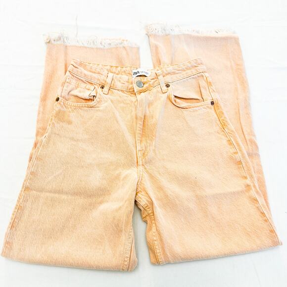 Zara Peach Orange Wide Leg Frayed Hem Denim Jeans Zip Fly Size 6 - Picture 4 of 7